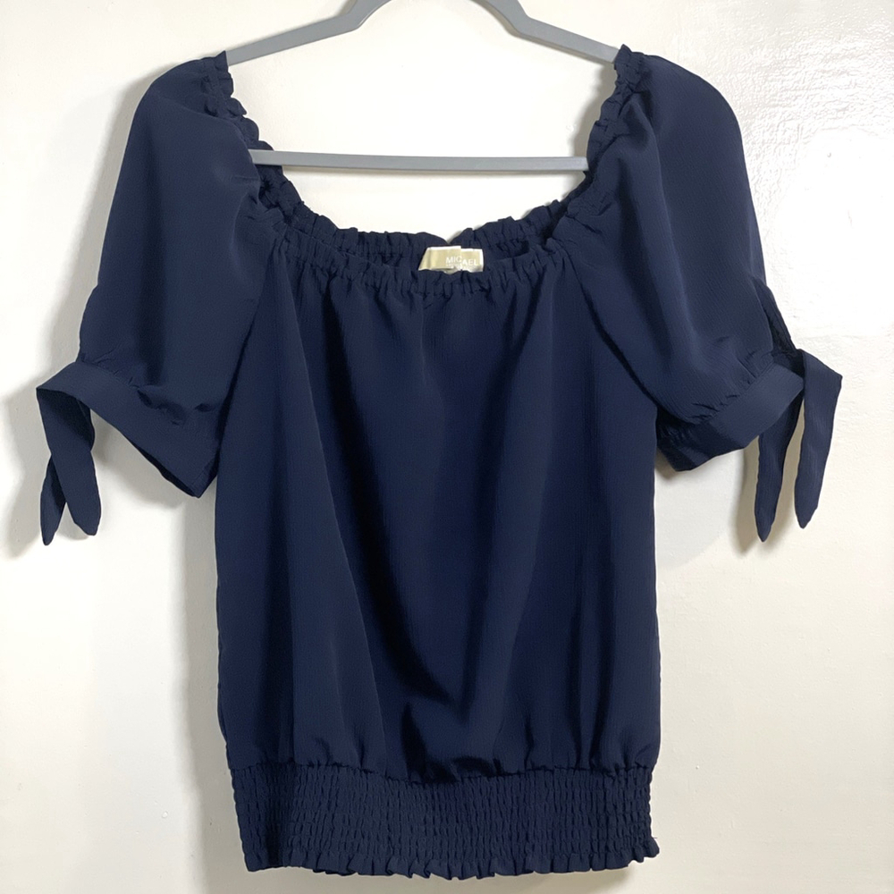 Michael Kors Midnight Navy Blue short tie sleeve elastic blouse Women Size S
